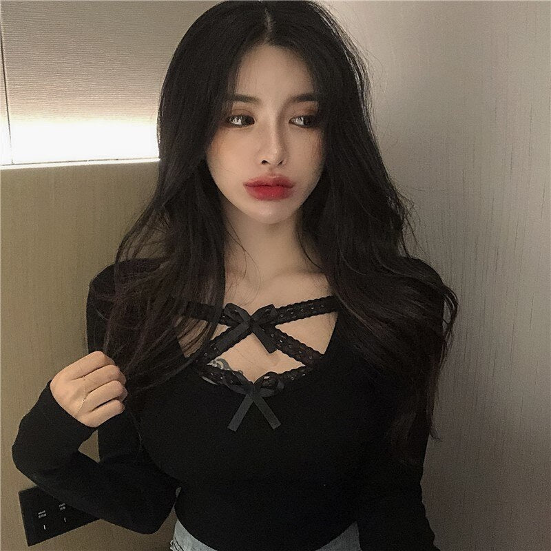 Bow Lace Cross Knit Bottoming Slim Long-Sleeved Short T-Shirt Mssza