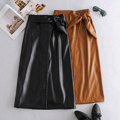 Bow Tie Office Wear Long PU Skirt Mssza