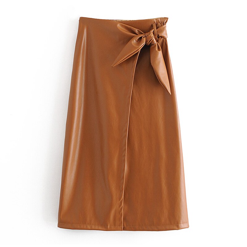 Bow Tie Office Wear Long PU Skirt Mssza