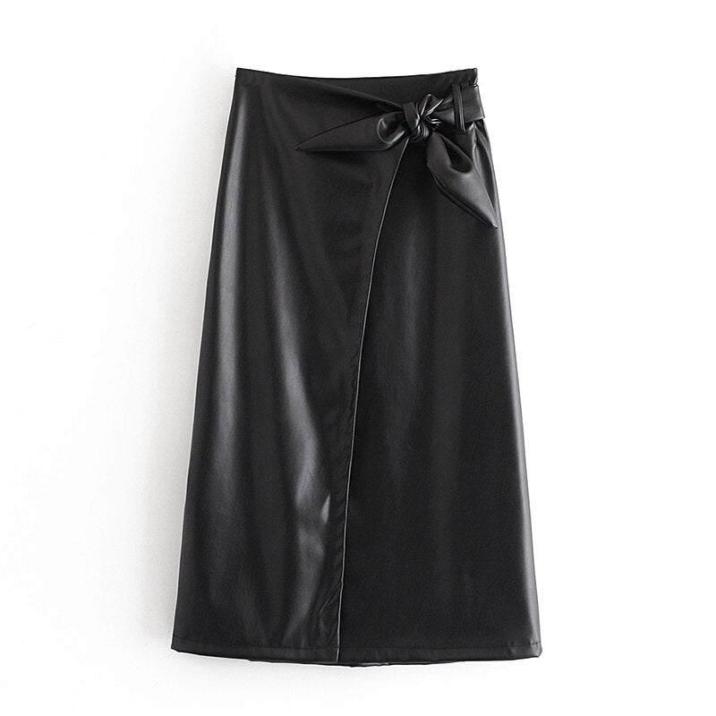 Bow Tie Office Wear Long PU Skirt Mssza