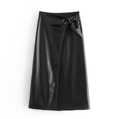 Bow Tie Office Wear Long PU Skirt Mssza