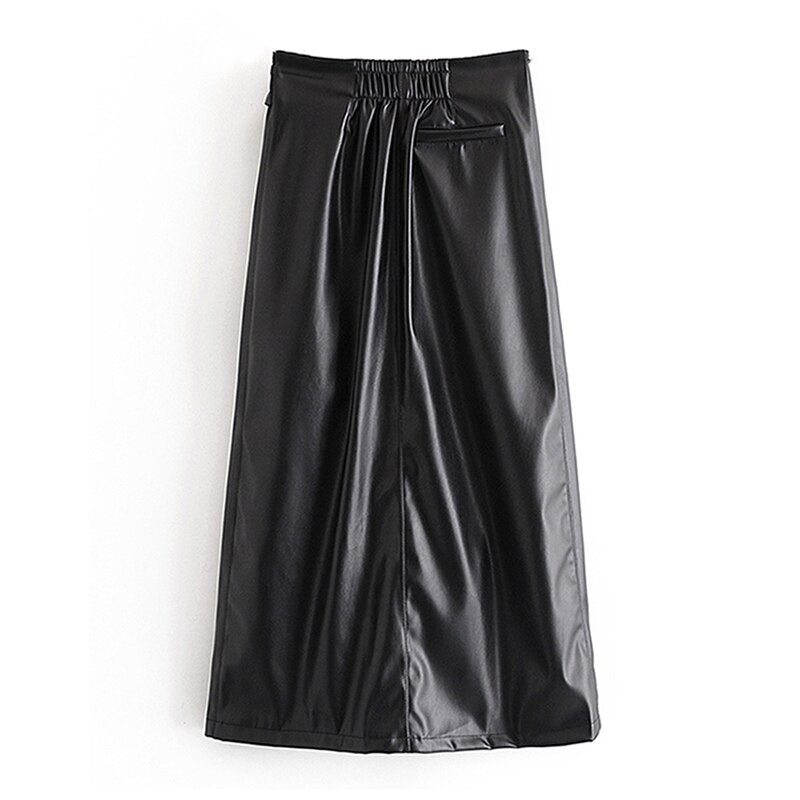 Bow Tie Office Wear Long PU Skirt Mssza