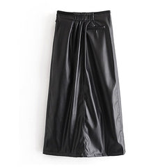 Bow Tie Office Wear Long PU Skirt Mssza