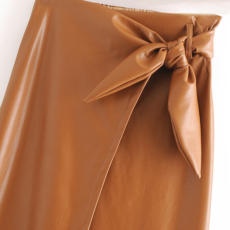 Bow Tie Office Wear Long PU Skirt Mssza