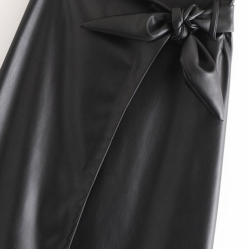 Bow Tie Office Wear Long PU Skirt Mssza