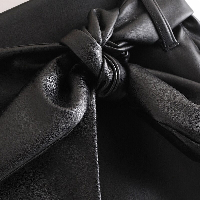 Bow Tie Office Wear Long PU Skirt Mssza