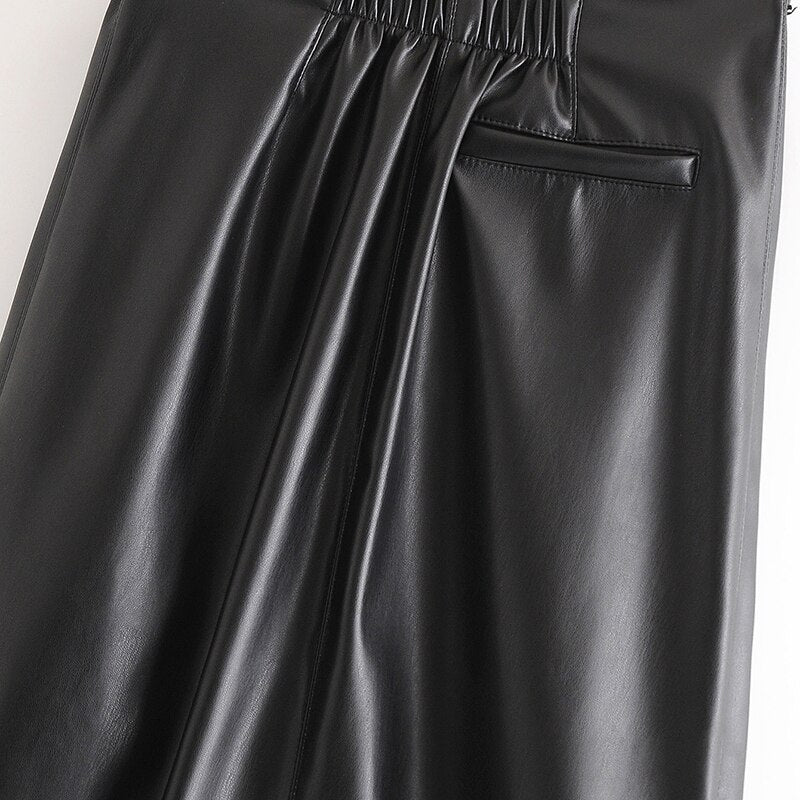 Bow Tie Office Wear Long PU Skirt Mssza