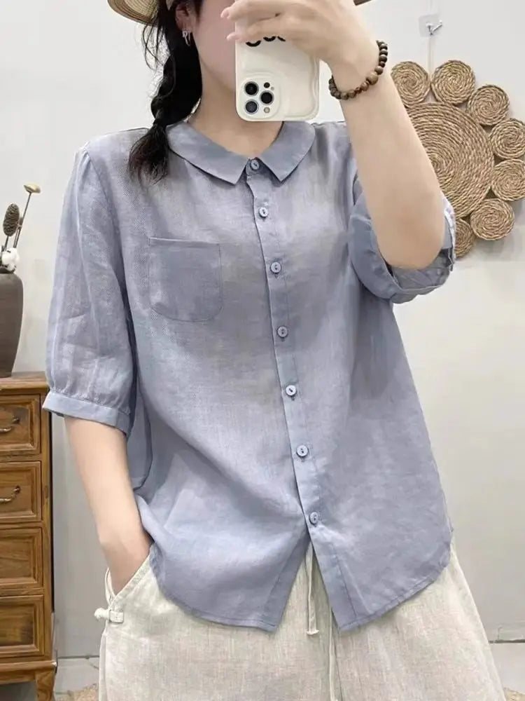 Breathable Turn-Down Collar Cotton Linen Pocket Retro Style Half Sleeve Loose Shirt Mssza