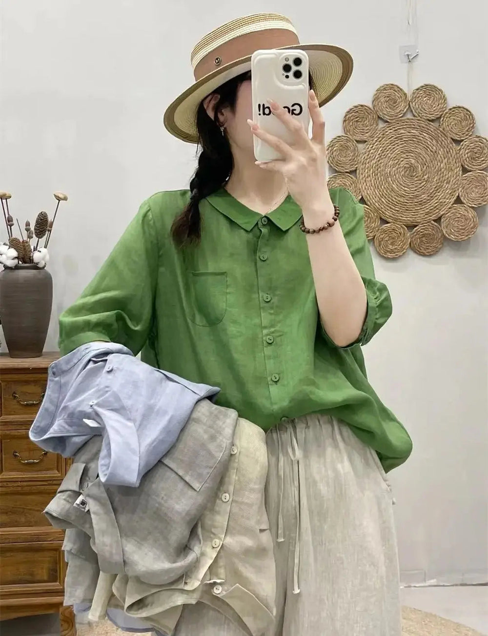 Breathable Turn-Down Collar Cotton Linen Pocket Retro Style Half Sleeve Loose Shirt Mssza