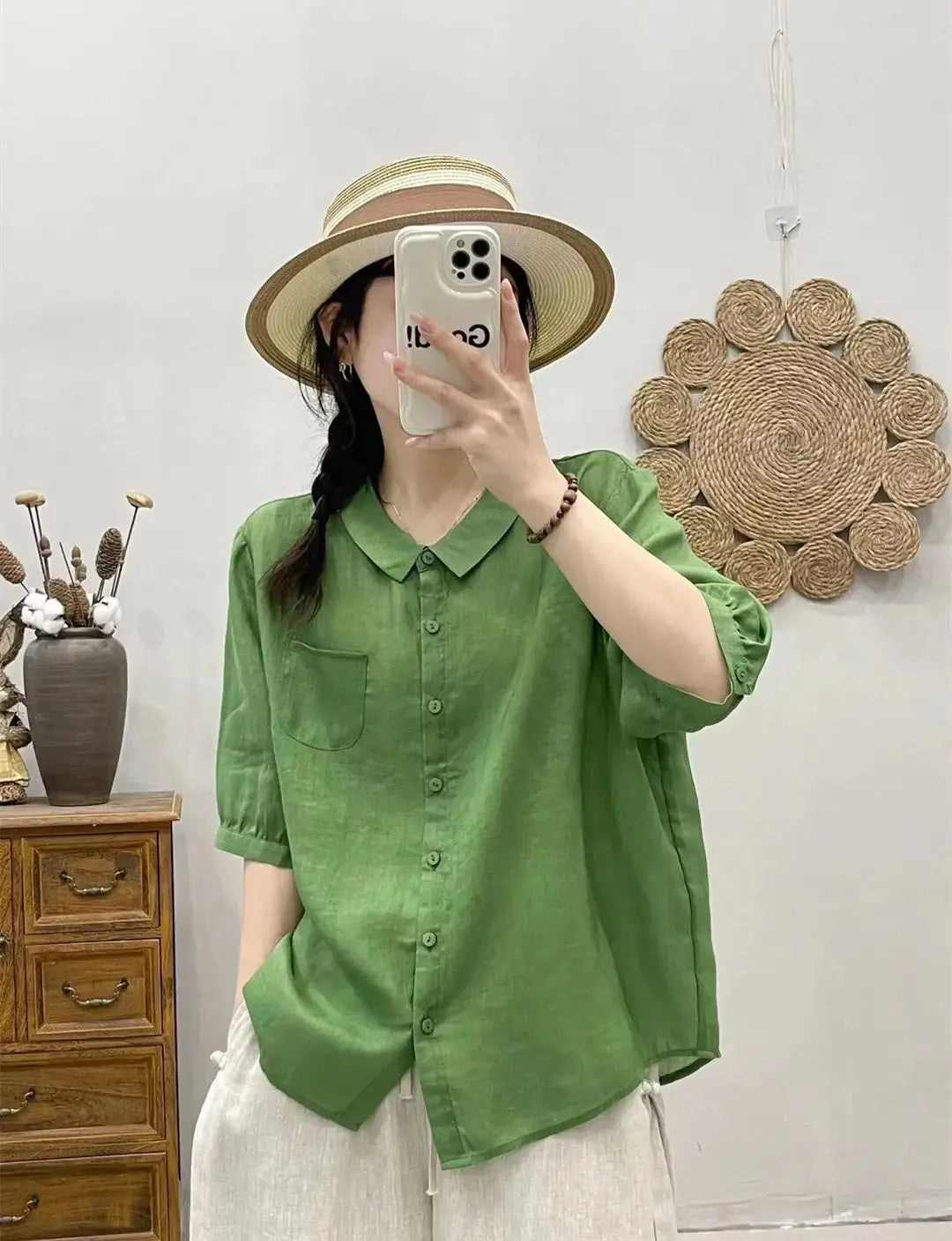 Breathable Turn-Down Collar Cotton Linen Pocket Retro Style Half Sleeve Loose Shirt Mssza