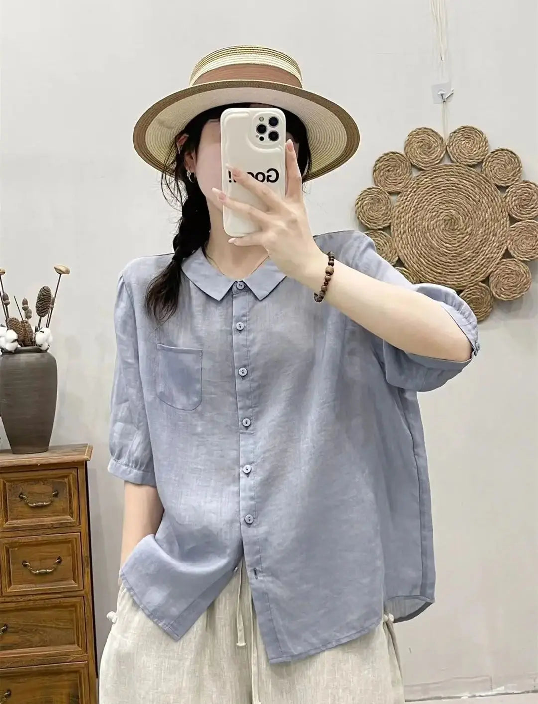 Breathable Turn-Down Collar Cotton Linen Pocket Retro Style Half Sleeve Loose Shirt Mssza
