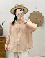 Breathable Turn-Down Collar Cotton Linen Pocket Retro Style Half Sleeve Loose Shirt Mssza