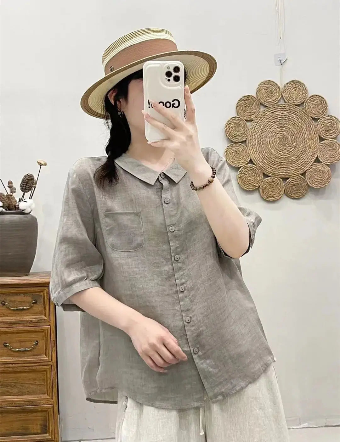 Breathable Turn-Down Collar Cotton Linen Pocket Retro Style Half Sleeve Loose Shirt Mssza