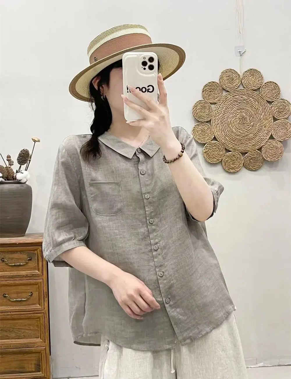 Breathable Turn-Down Collar Cotton Linen Pocket Retro Style Half Sleeve Loose Shirt Mssza