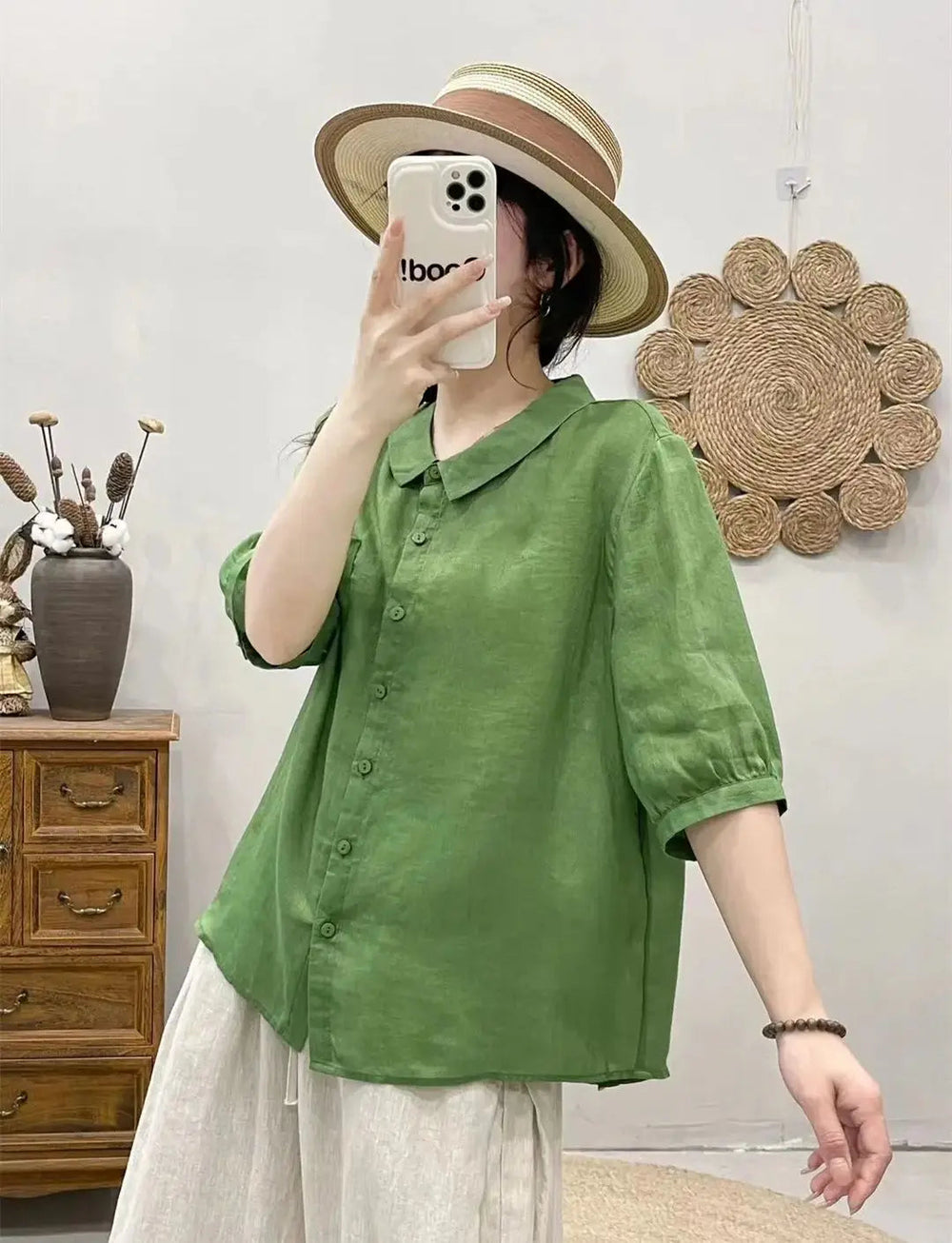 Breathable Turn-Down Collar Cotton Linen Pocket Retro Style Half Sleeve Loose Shirt Mssza