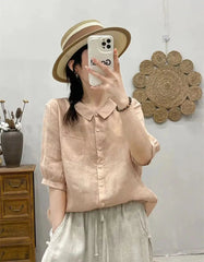 Breathable Turn-Down Collar Cotton Linen Pocket Retro Style Half Sleeve Loose Shirt Mssza
