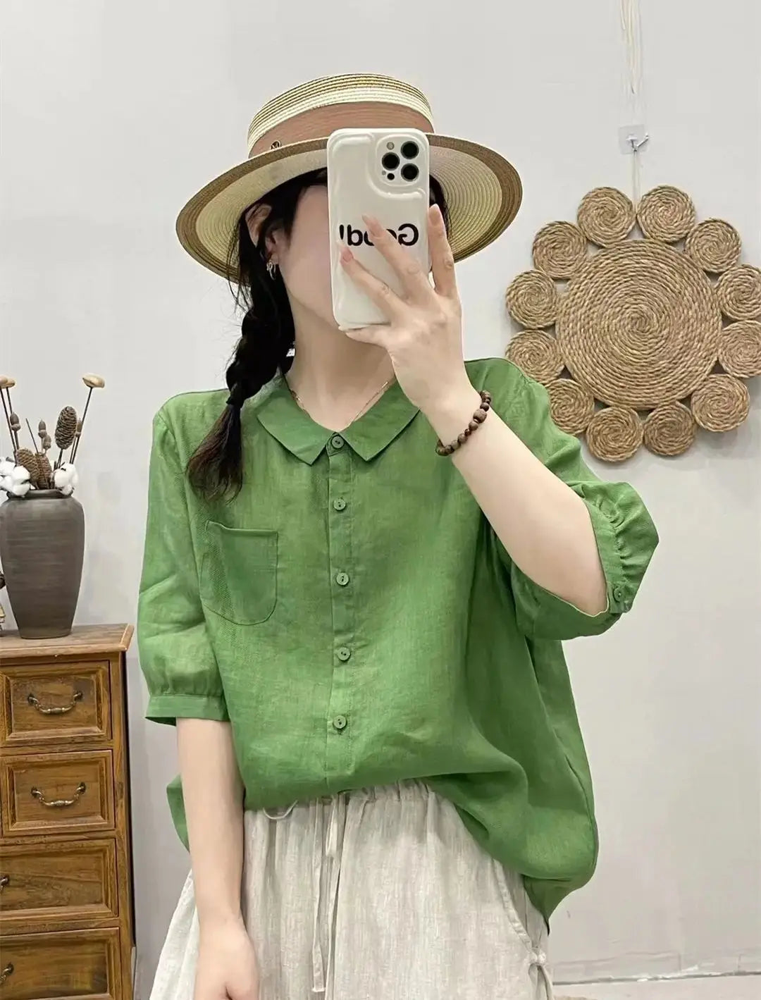 Breathable Turn-Down Collar Cotton Linen Pocket Retro Style Half Sleeve Loose Shirt Mssza