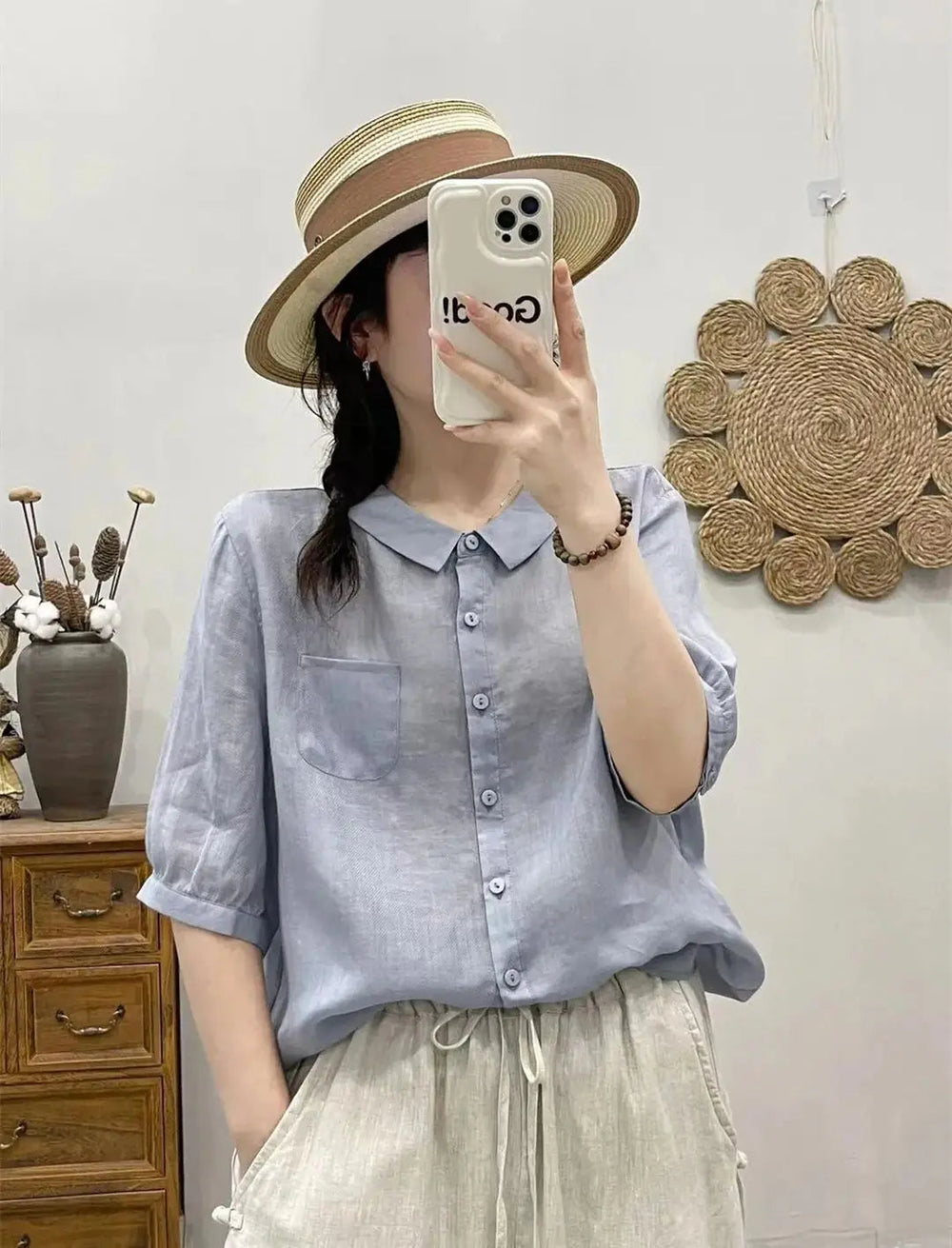 Breathable Turn-Down Collar Cotton Linen Pocket Retro Style Half Sleeve Loose Shirt Mssza