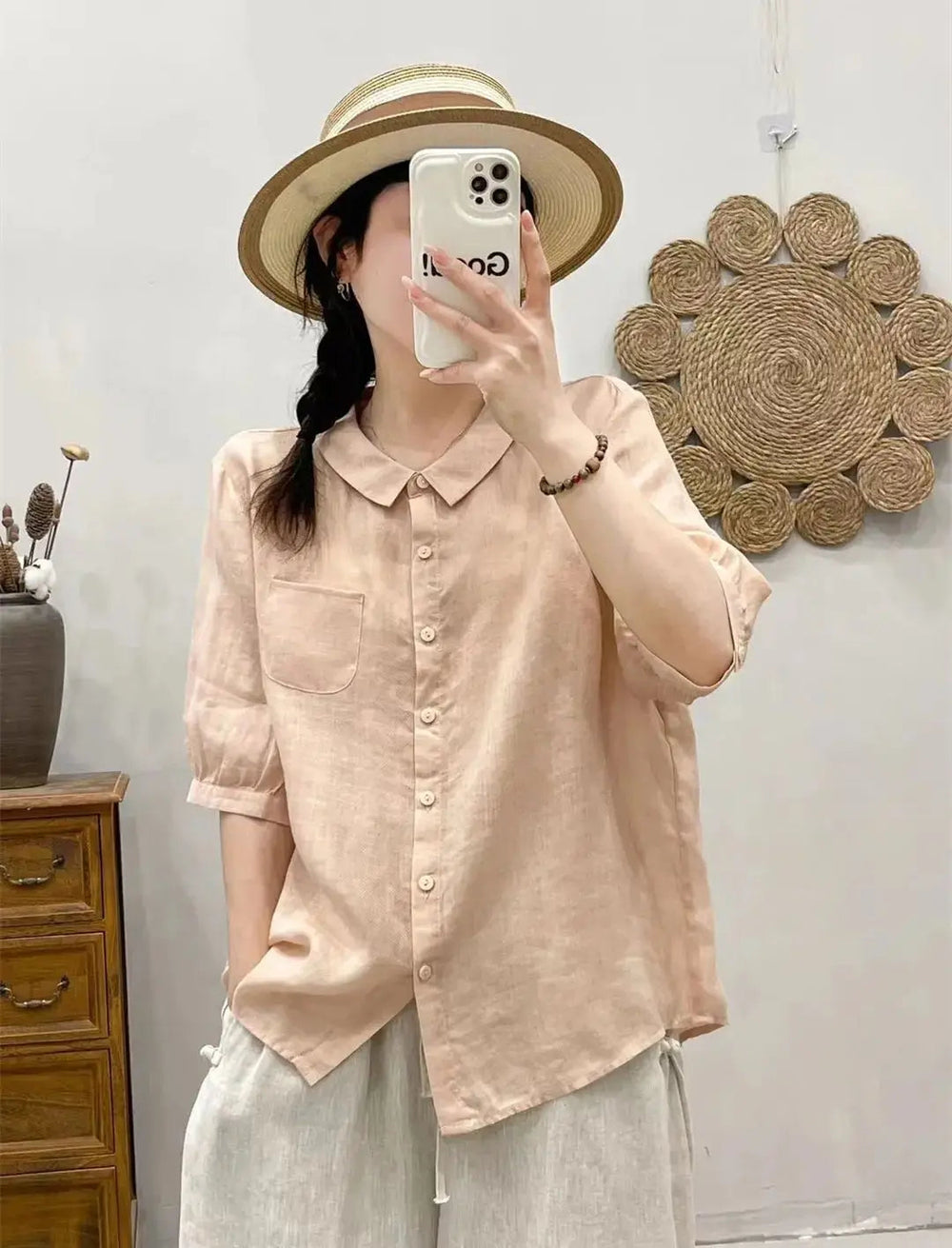 Breathable Turn-Down Collar Cotton Linen Pocket Retro Style Half Sleeve Loose Shirt Mssza