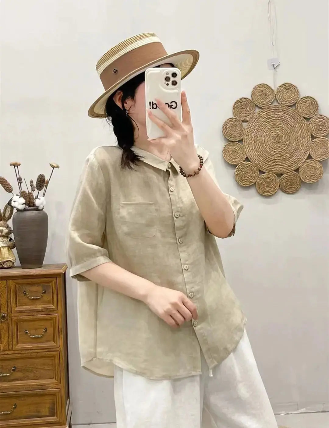 Breathable Turn-Down Collar Cotton Linen Pocket Retro Style Half Sleeve Loose Shirt Mssza