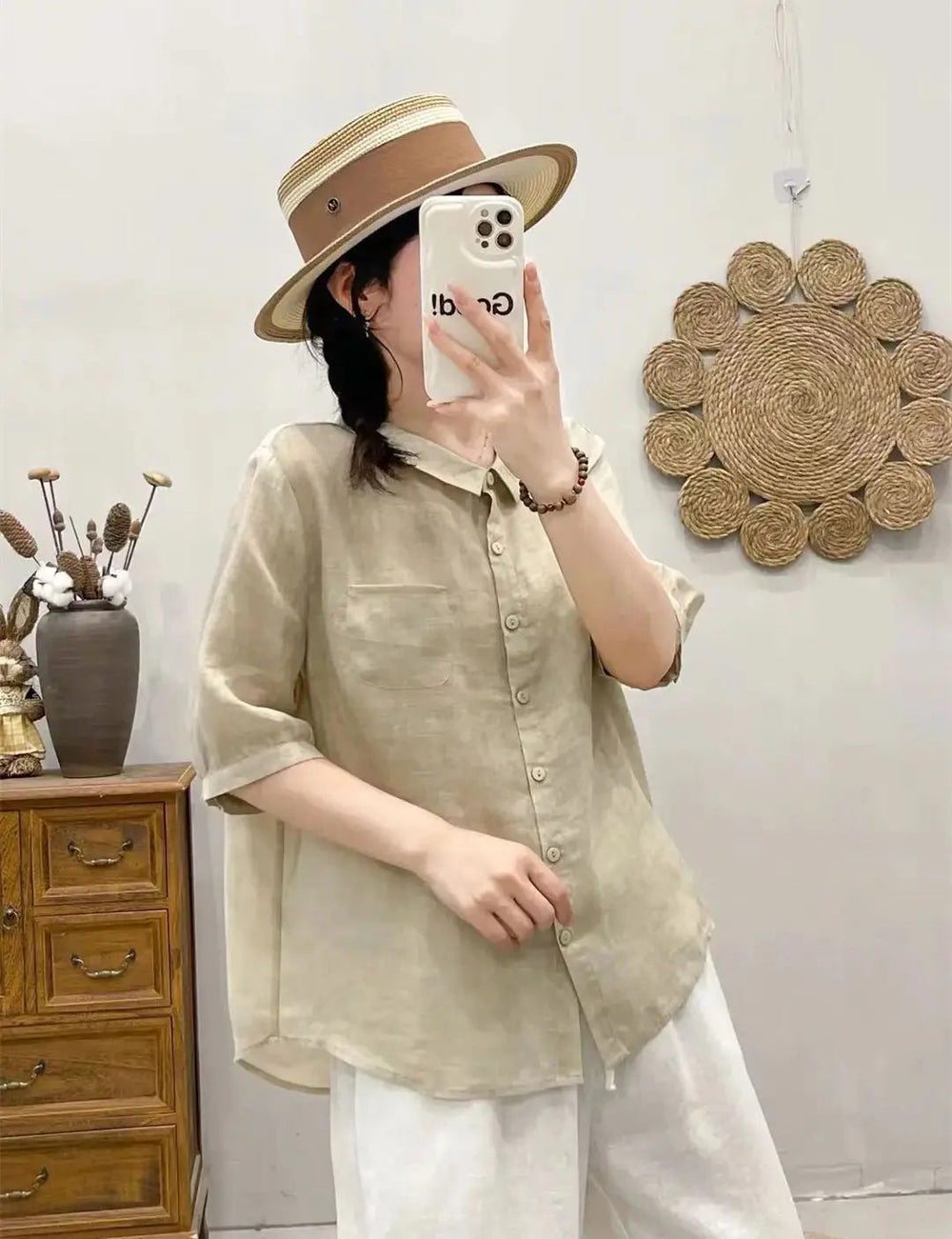 Breathable Turn-Down Collar Cotton Linen Pocket Retro Style Half Sleeve Loose Shirt Mssza