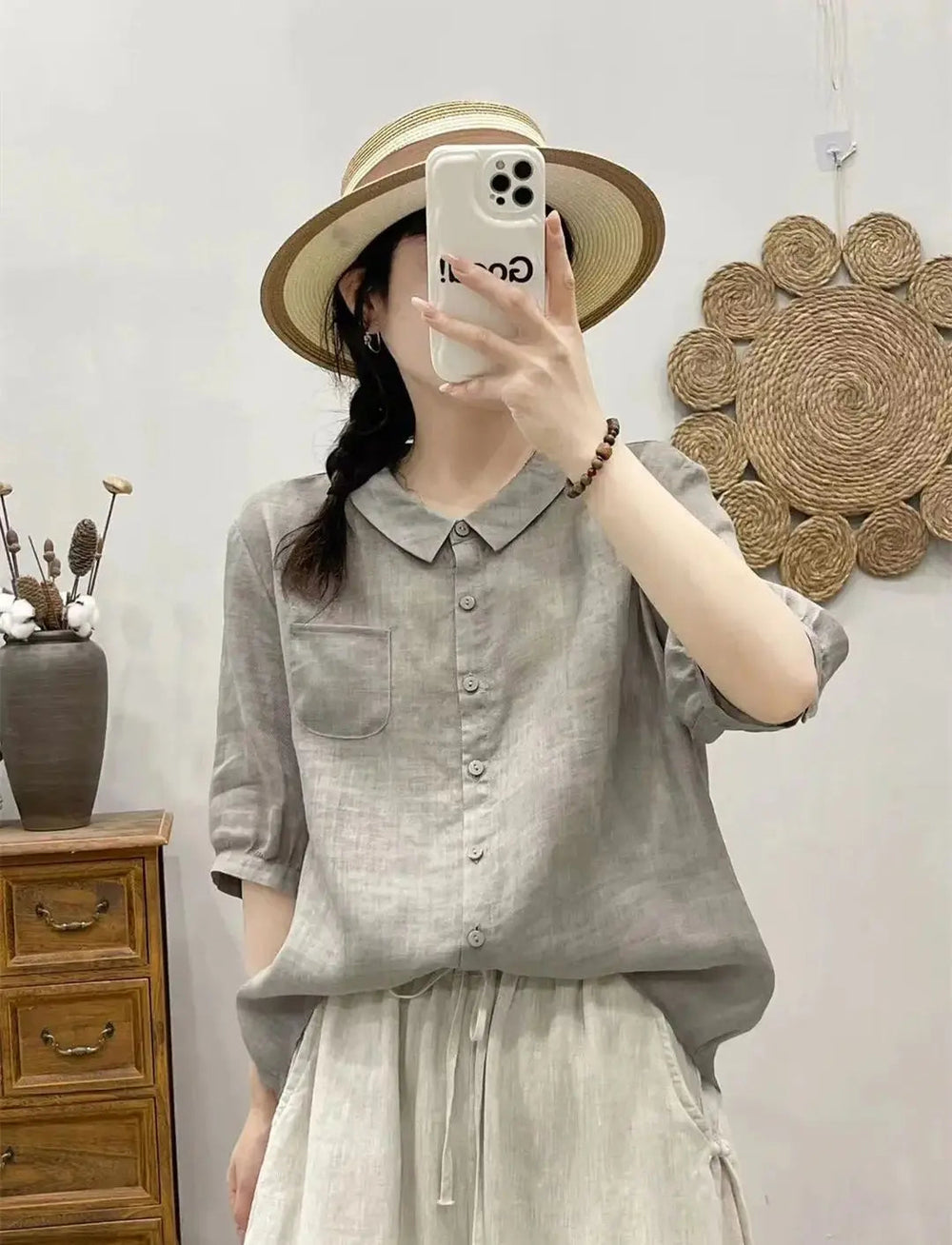 Breathable Turn-Down Collar Cotton Linen Pocket Retro Style Half Sleeve Loose Shirt Mssza