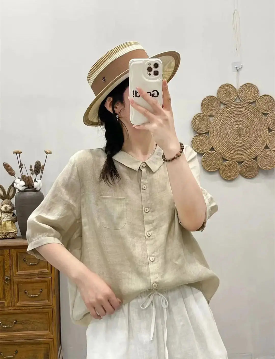 Breathable Turn-Down Collar Cotton Linen Pocket Retro Style Half Sleeve Loose Shirt Mssza