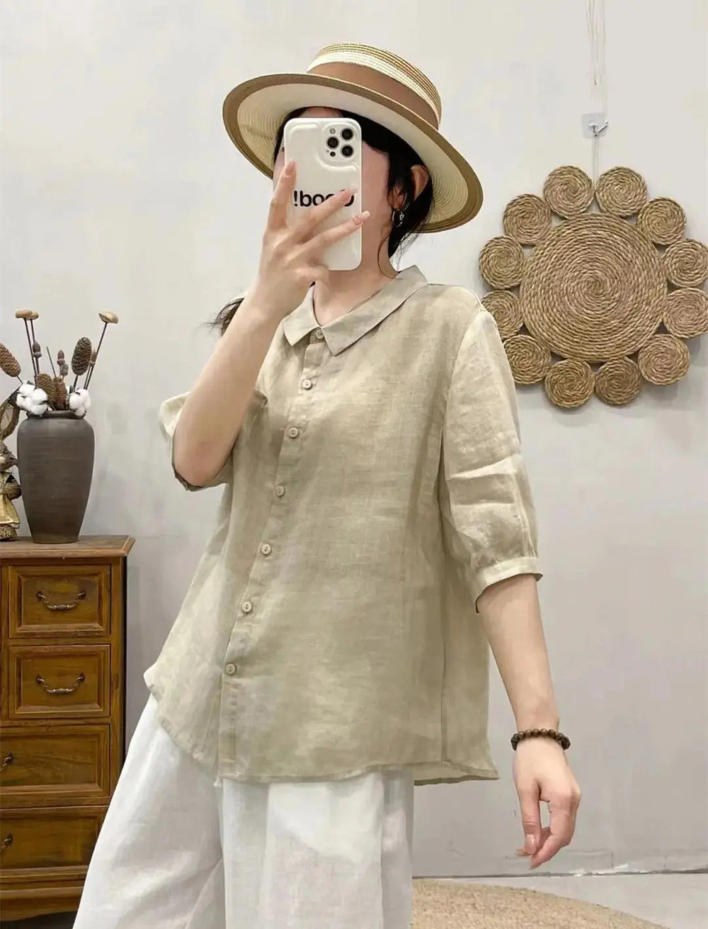Breathable Turn-Down Collar Cotton Linen Pocket Retro Style Half Sleeve Loose Shirt Mssza