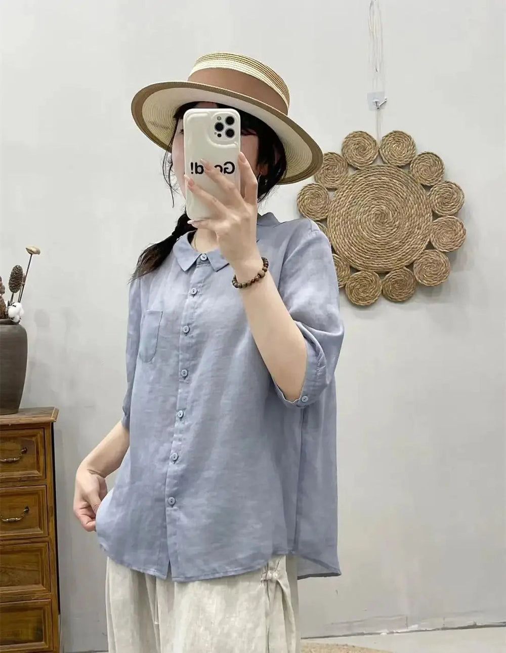 Breathable Turn-Down Collar Cotton Linen Pocket Retro Style Half Sleeve Loose Shirt Mssza
