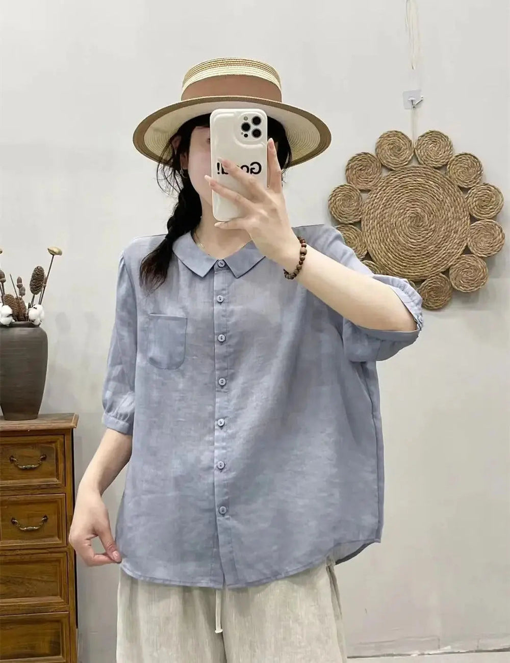 Breathable Turn-Down Collar Cotton Linen Pocket Retro Style Half Sleeve Loose Shirt Mssza