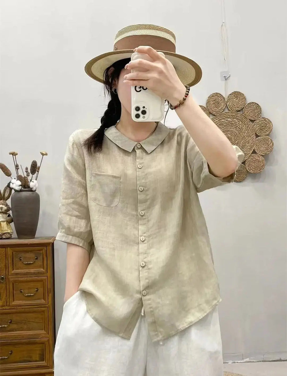 Breathable Turn-Down Collar Cotton Linen Pocket Retro Style Half Sleeve Loose Shirt Mssza