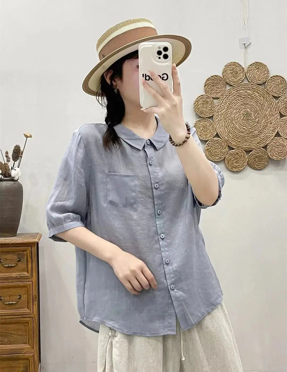 Breathable Turn-Down Collar Cotton Linen Pocket Retro Style Half Sleeve Loose Shirt Mssza