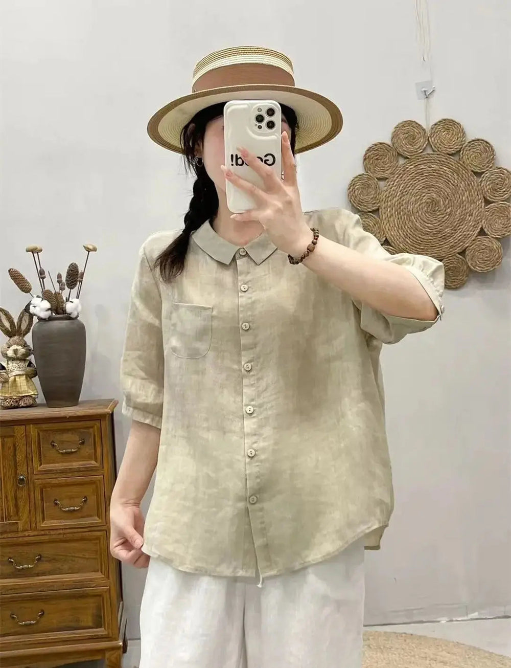 Breathable Turn-Down Collar Cotton Linen Pocket Retro Style Half Sleeve Loose Shirt Mssza