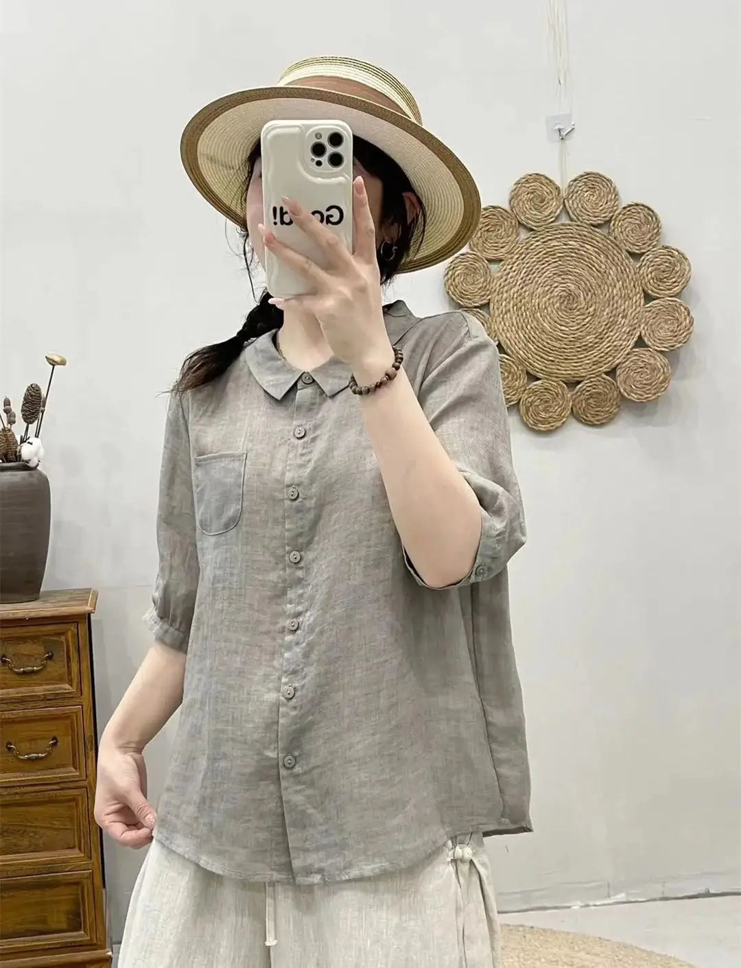 Breathable Turn-Down Collar Cotton Linen Pocket Retro Style Half Sleeve Loose Shirt Mssza