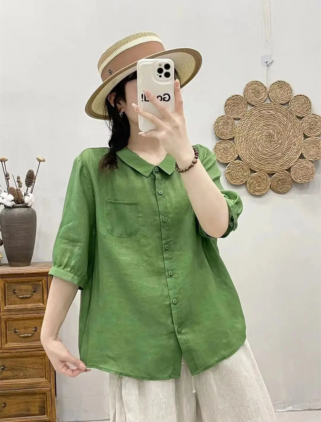 Breathable Turn-Down Collar Cotton Linen Pocket Retro Style Half Sleeve Loose Shirt Mssza