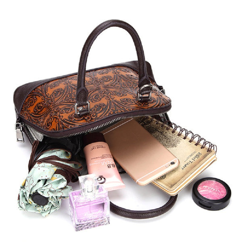 Brenice Genuine Leather Vintage Handbag Embossed Women Shell Shoulder Bag Mssza