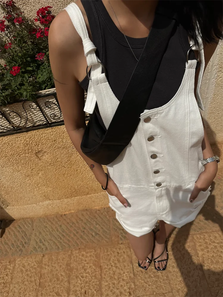 Broken Hole Denim Suspender Retro Washed Loose Suspender One-Piece Wide Leg Shorts Mssza