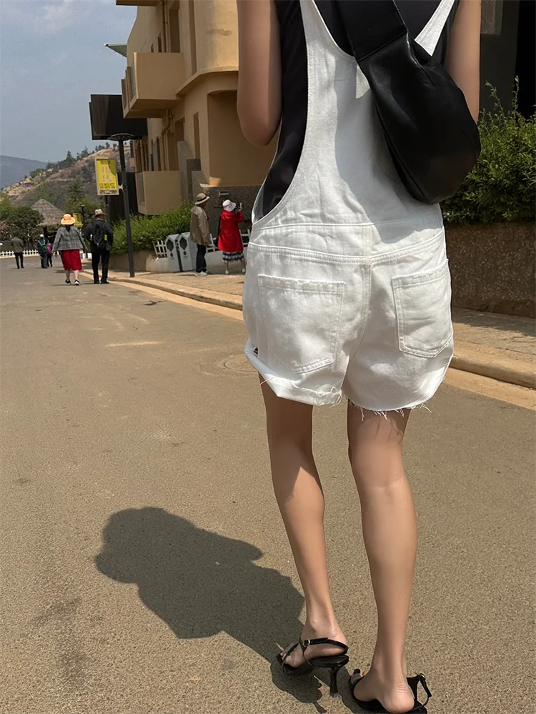 Broken Hole Denim Suspender Retro Washed Loose Suspender One-Piece Wide Leg Shorts Mssza