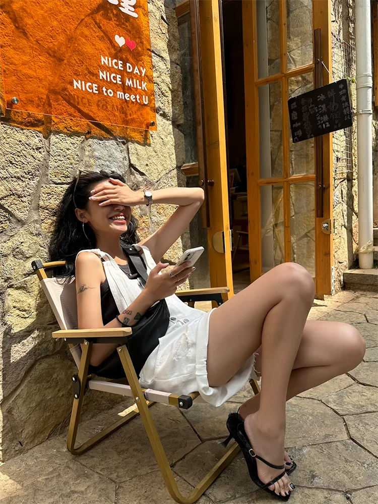 Broken Hole Denim Suspender Retro Washed Loose Suspender One-Piece Wide Leg Shorts Mssza