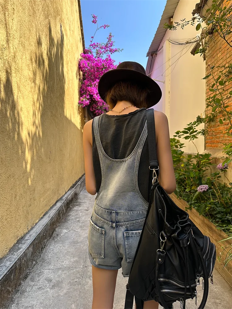 Broken Hole Denim Suspender Retro Washed Loose Suspender One-Piece Wide Leg Shorts Mssza