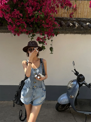 Broken Hole Denim Suspender Retro Washed Loose Suspender One-Piece Wide Leg Shorts Mssza