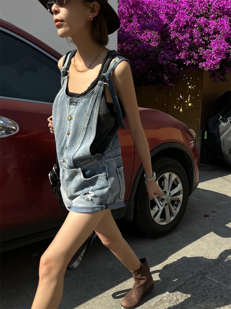 Broken Hole Denim Suspender Retro Washed Loose Suspender One-Piece Wide Leg Shorts Mssza