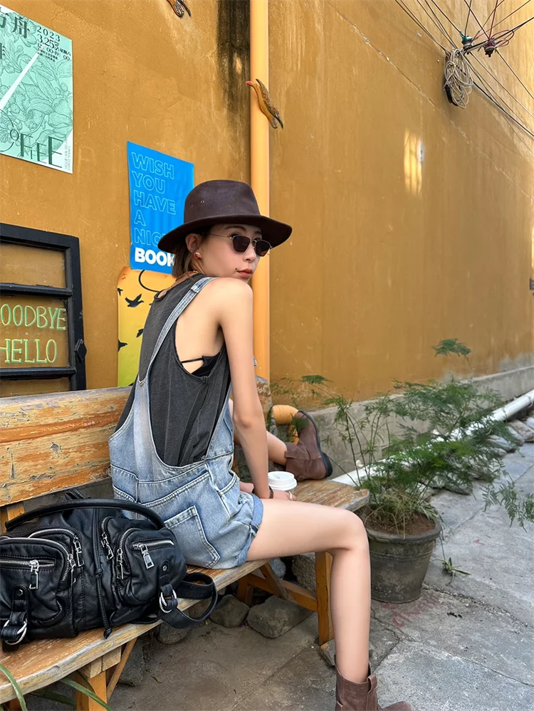 Broken Hole Denim Suspender Retro Washed Loose Suspender One-Piece Wide Leg Shorts Mssza