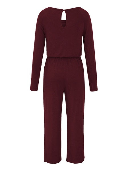 Burgundy Bateau Neck Long Sleeves Open Shoulder Polyester Loose One Piece Outfit Mssza