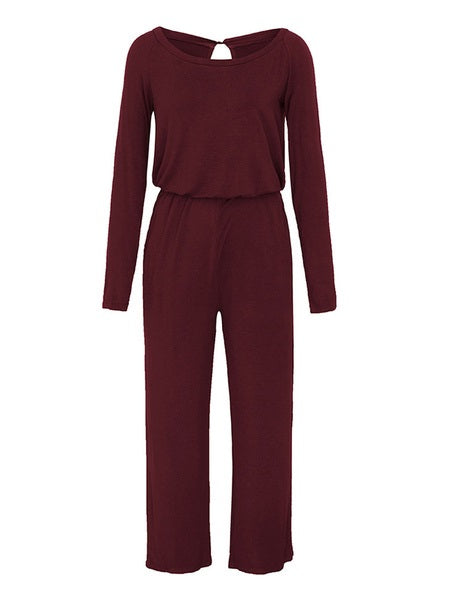 Burgundy Bateau Neck Long Sleeves Open Shoulder Polyester Loose One Piece Outfit Mssza