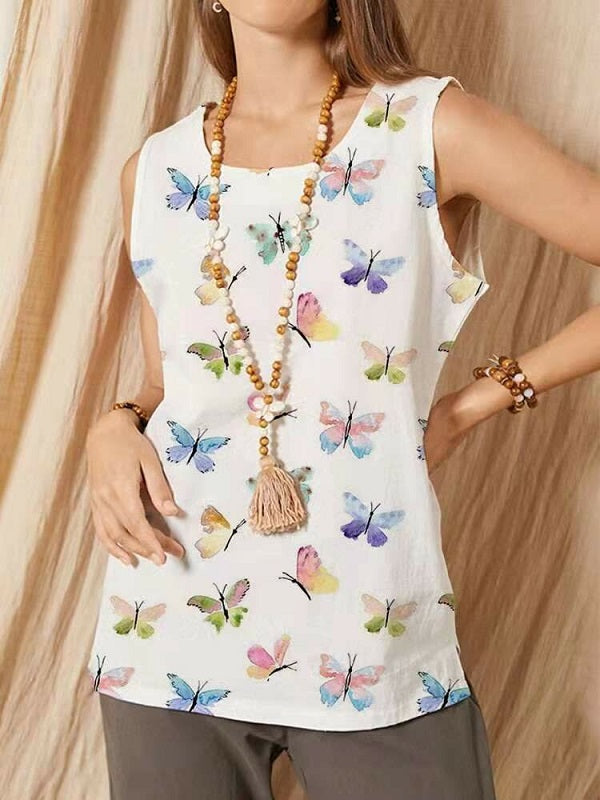 Butterflies Print O-neck Sleeveless Vintage Tank Top Mssza