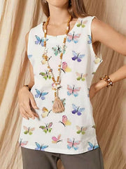 Butterflies Print O-neck Sleeveless Vintage Tank Top Mssza