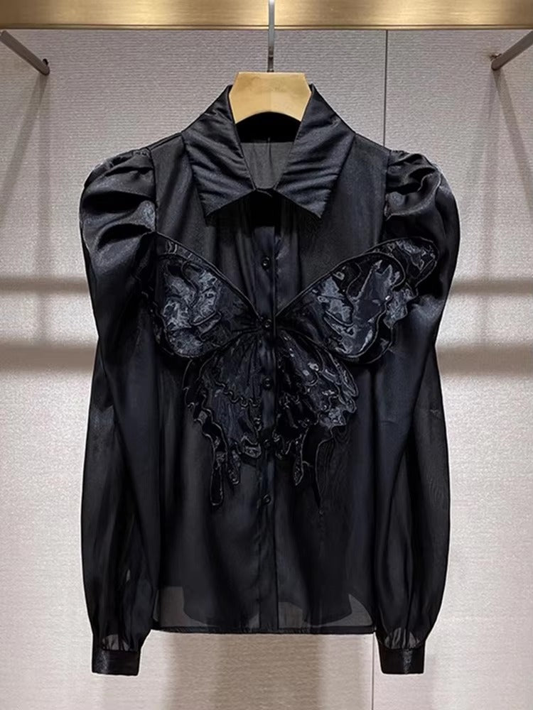 Butterfly Chic Lapel Long Puff Sleeve Spliced Button Slimming Blouse Shirt Mssza