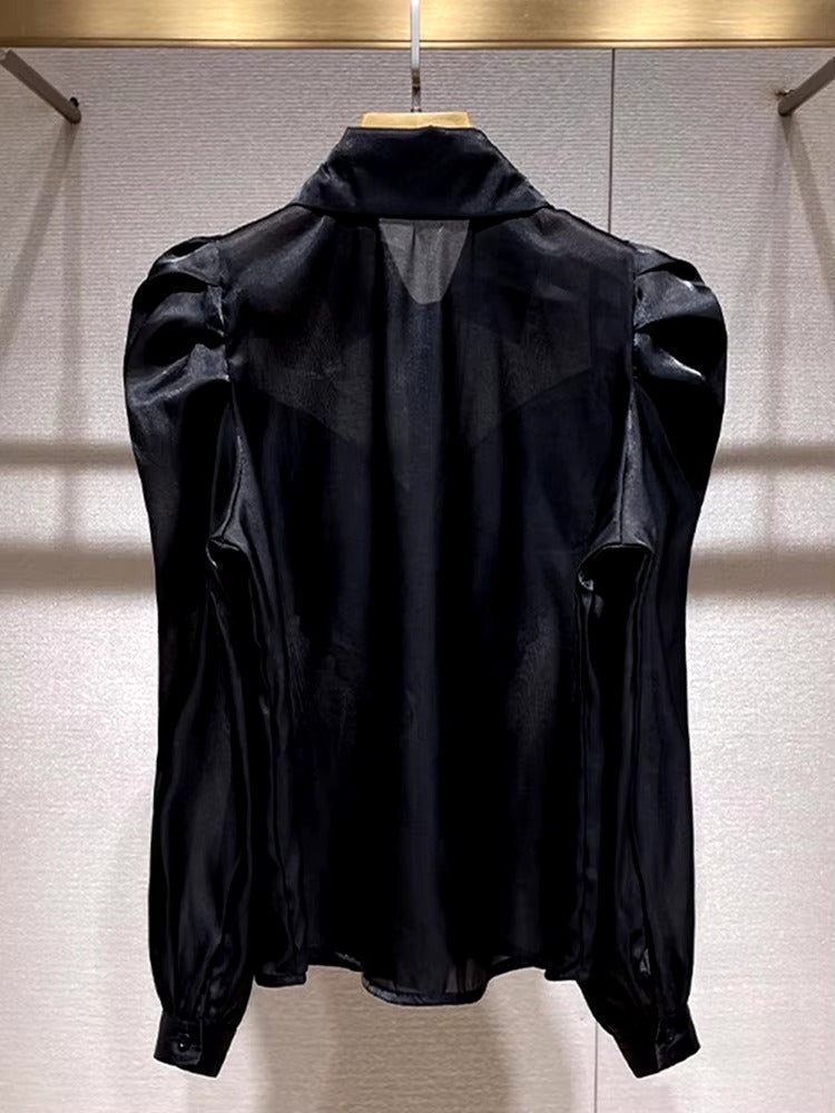 Butterfly Chic Lapel Long Puff Sleeve Spliced Button Slimming Blouse Shirt Mssza