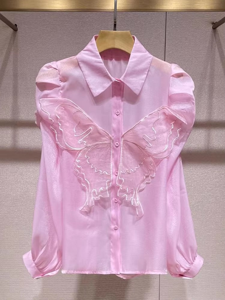 Butterfly Chic Lapel Long Puff Sleeve Spliced Button Slimming Blouse Shirt Mssza